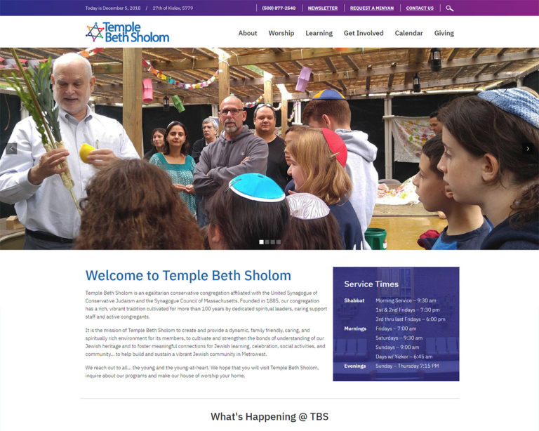Temple Beth Sholom - synagogue website design homepage