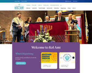 Group of people on a stage near a Torah ceremony, with a purple 'Welcome to Kol Ami' panel overlaid in the foreground.