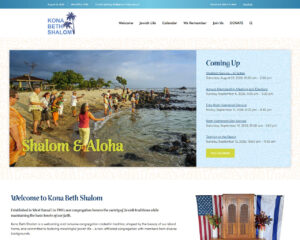 Group of people on a sunny beach participating in a seaside gathering, with 'Shalom & Aloha' in yellow text across the foreground.
