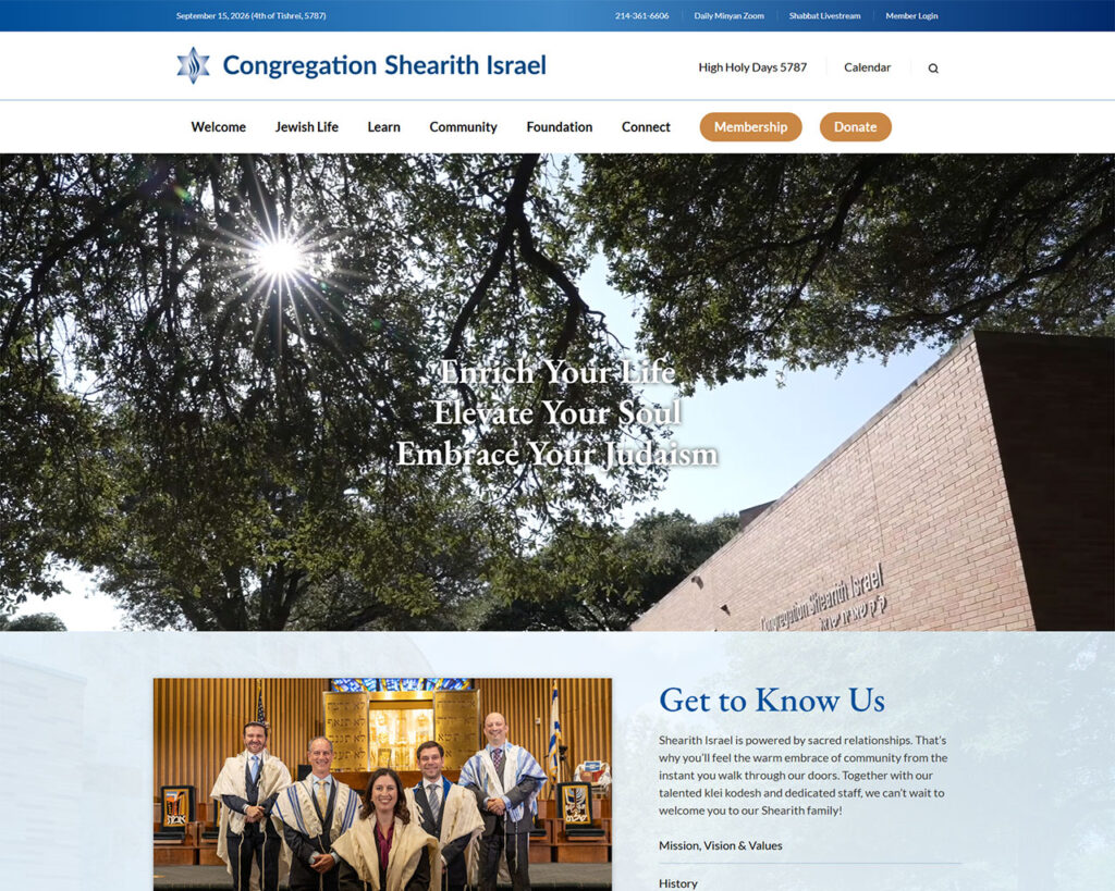 Sunlit trees over a brick building with the site’s hero text: 'Enrich Your Life, Elevate Your Soul, Embrace Your Judaism' on the Congregation Shearith Israel homepage.