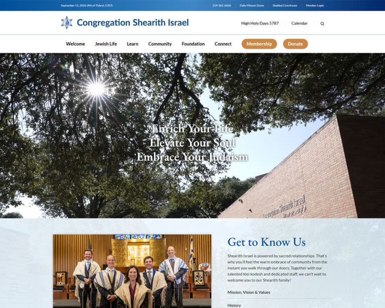 Sunlit trees over a brick building with the site’s hero text: 'Enrich Your Life, Elevate Your Soul, Embrace Your Judaism' on the Congregation Shearith Israel homepage.